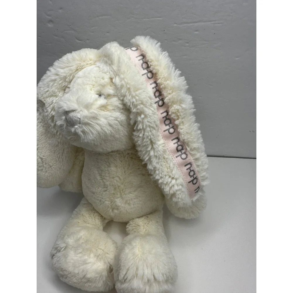 Brookstone Bunny Rabbit Plush NAP stuffed Animal White Pink Embroidered 14